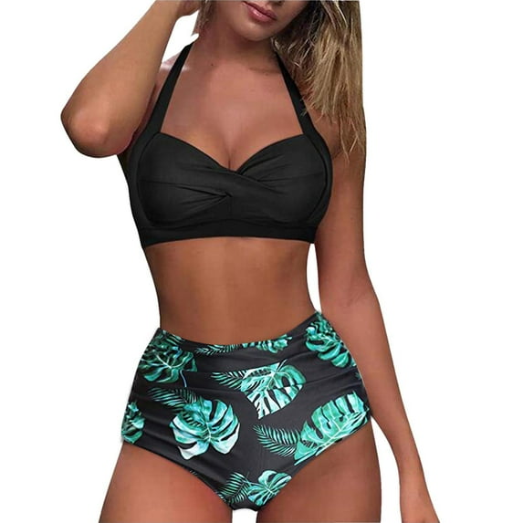 Patlollav Women Swimsuit Two Piece Retro Halter Ruched High Waist Print Bikini Set