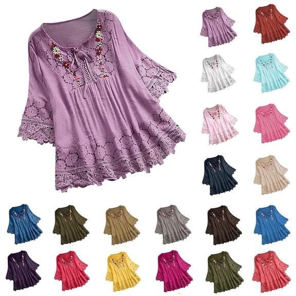 Otvok Womens Tops 3/4 Sleeve Cute Fit Casual Tee Vintage Lace Patchwork Bow V-Neck Three Quarter Blouses Ladies T-Shirts