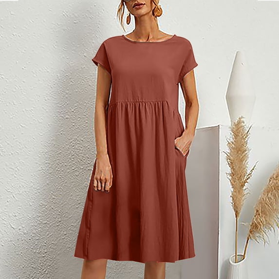 Patlollav Womens Casual Summer Cotton Linen Solid Color Round Neck Short Sleeve Dress Midi Dress