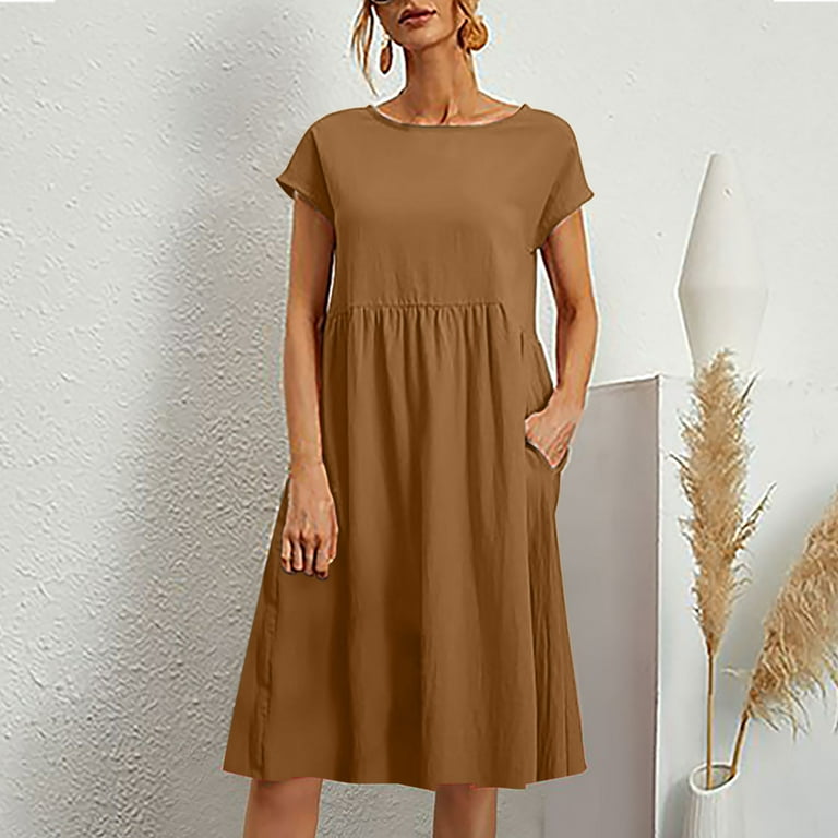 Patlollav Clearance Womens Casual Summer Cotton Linen Solid Color Round  Neck Short Sleeve Dress Midi Dress