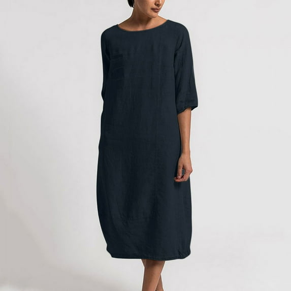 Patlollav Womens Dresses Fashion Round Neck Loose Short Sleeve Solid Mid-Calf Dress Long Dress