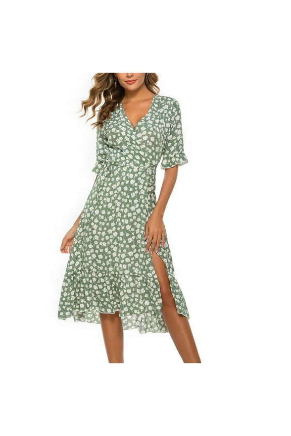 Womens Dresses Summer Casual Print Dress V-Neck Short Sleeve Loose Dress