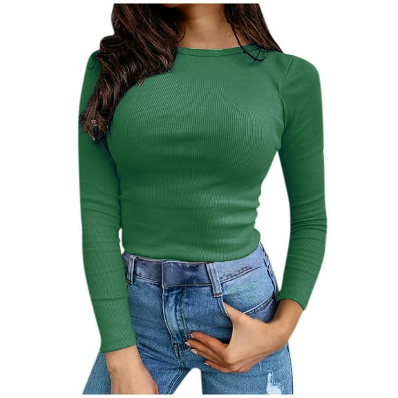 Patlollav Womens Fall Basic Tops Long Sleeve Stretch Slim Fitted Ribbed T-Shirt Blouse