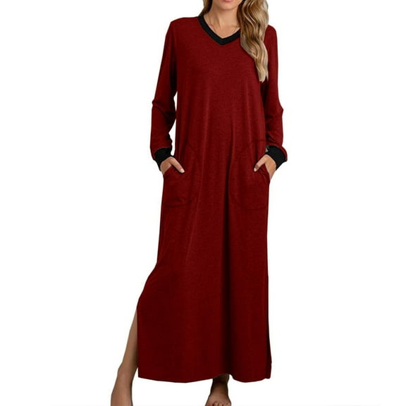 Patlollav Womens Long Sleeve V-Neck Pocket Side Slit Sleepwear Long Dress