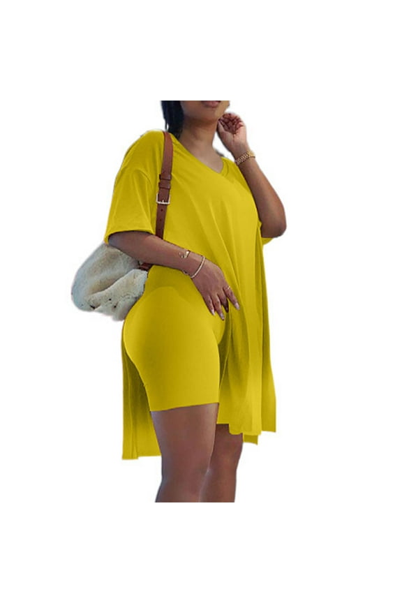 Womens Plus Size 2 Piece Outfits Short Sleeve Tops Skinny V-Neck Biker Shorts Sets Tracksuits