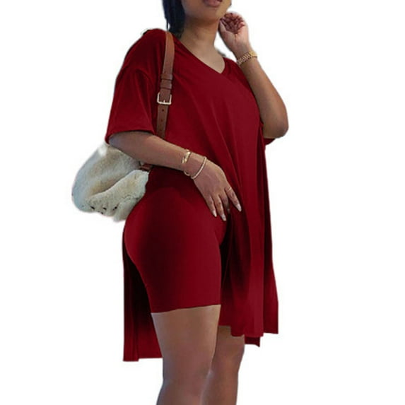 Patlollav Womens Plus Size 2 Piece Outfits Short Sleeve Tops Skinny V-Neck Biker Shorts Sets Tracksuits