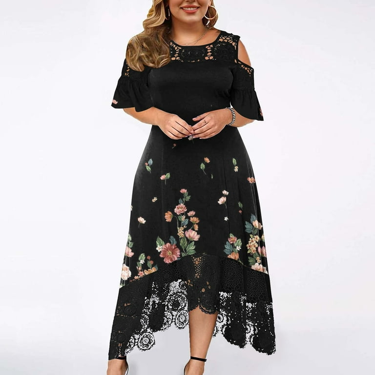 Patlollav Clearance Womens Plus Size Dresses Round-Neck Print Lace  Patchwork Long Dress Short Sleeve Dress 