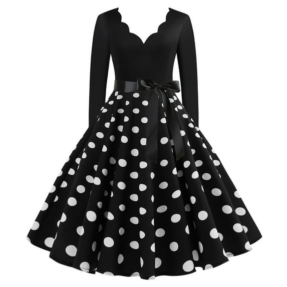 Patlollav Womens Retro Print Polka-Dot Long-Sleeve Casual Bow Tie Stitching Large Swing Dress