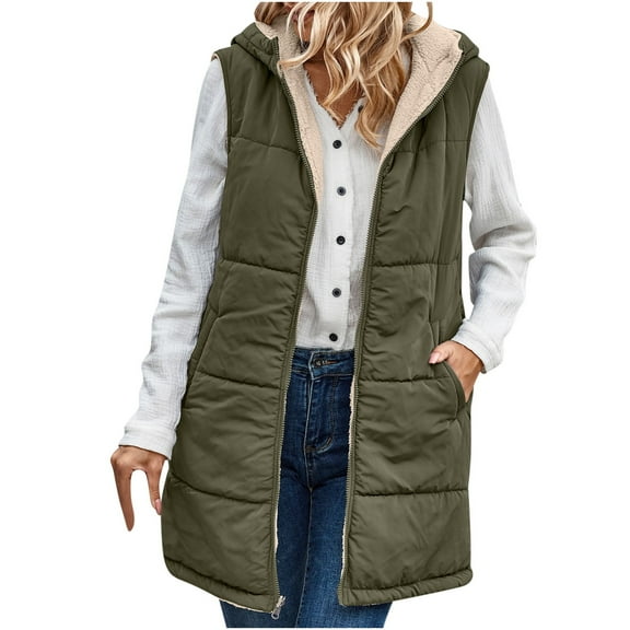 Patlollav Womens Reversible Long Cotton Coat Winter Loose Pocket Plush Waistcoat Tops