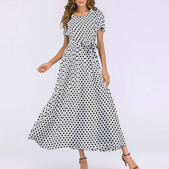 Patlollav Womens Round Neck Short Sleeve Beach Polka Dot Bandage Long Maxi Dress