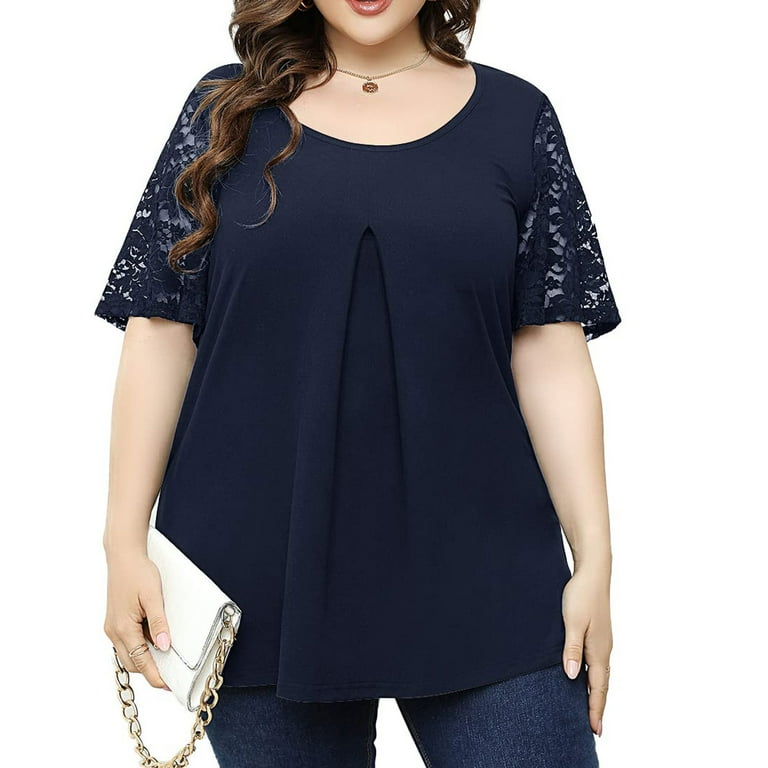 Patlollav Clearance Womens Round Neck Solid Blouse Lace Short Sleeve  T-Shirt Summer Plus Size Tops