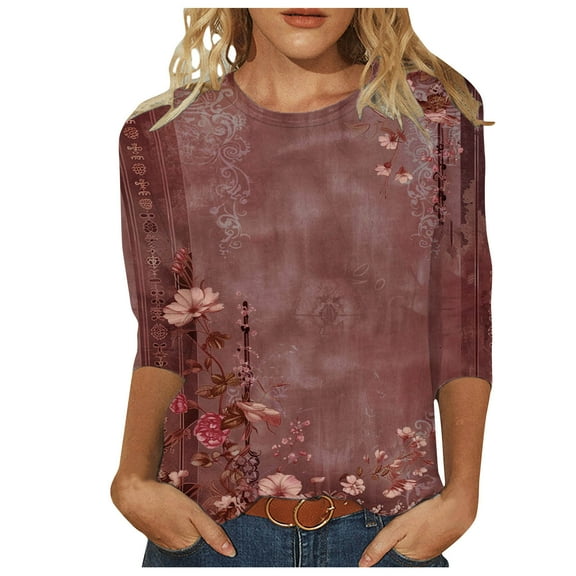 Patlollav Womens Shirts Dressy Casual Round Neck 3/4 Sleeve Printed T-Shirt S-Xxxl Tops