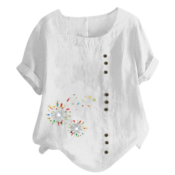 Patlollav Womens Short Sleeve Tops Plus Size Casual Loose Button Cotton Linen Top
