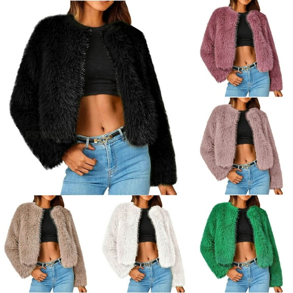 Patlollav Womens Solid Color Winter Plush Jacket Cardigan Warm Short Jackets Ladies Coat Outwear