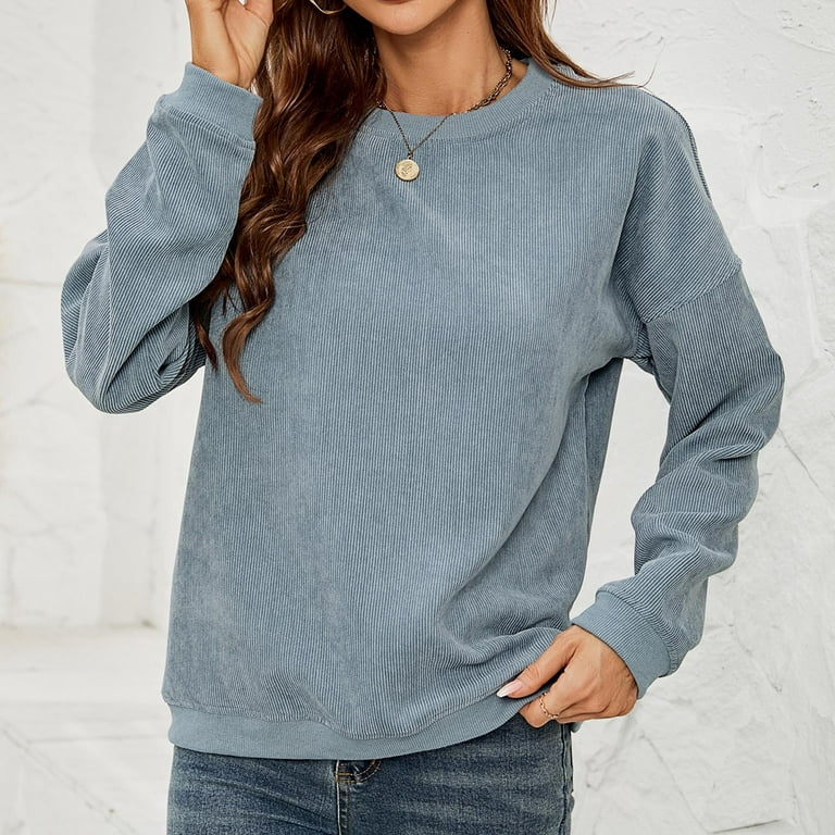 Patlollav Clearance Womens Solid Corduroy Pullover Tops Long Sleeve Round  Neck Shirts 