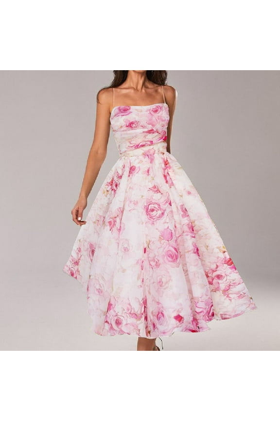 Womens Strappy Strapless Chiffon Sleeveless Printed Botanical Floral Dress