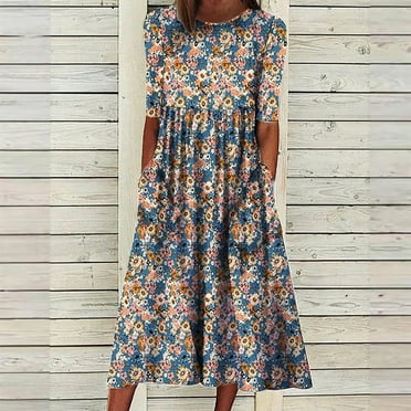 Patlollav Clearance Womens Summer Casual Round Neck Half Sleeve Floral Print Dresses with Pocket