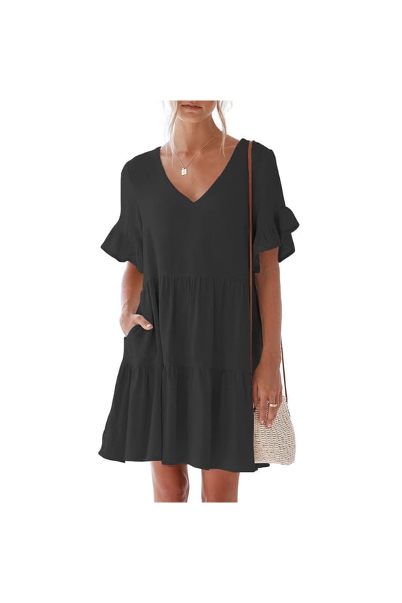 Womens Summer Casual Short Sleeve Ruffle Dress Sweet Cute V-Neck Mini Dress with Pocket