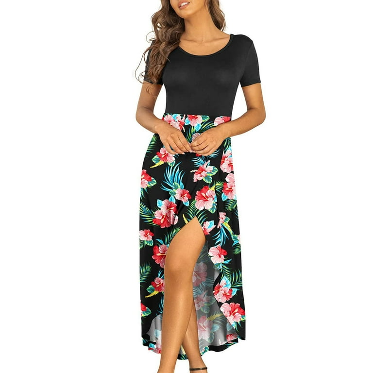 Patlollav Clearance Womens Summer Dresses Short Sleeve Dress Casual Flowy  High Low Long Maxi Dress 
