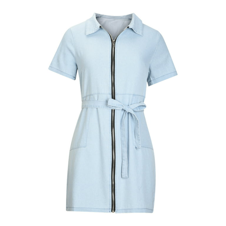 Patlollav Clearance Womens Summer Fashion Lace Up Waist Short Sleeve Zipper  Sexy Pocket Slim Denim Dress 