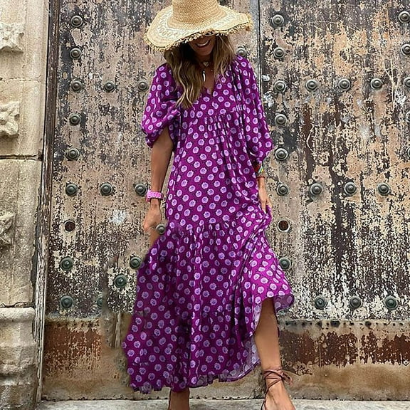 Patlollav Womens Summer Maxi Dress Bohemian Floral V-Neck Puff Short Sleeve Beach Sundress