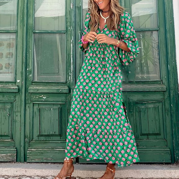 Patlollav Womens Summer Maxi Dress Bohemian Floral V-Neck Puff Short Sleeve Beach Sundress