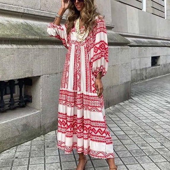 Patlollav Clearance Womens Summer Maxi Dress Bohemian Floral V-Neck Puff Short Sleeve Beach Sundress