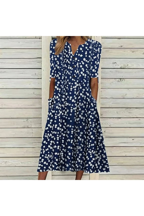 Womens Summer Print Causal V-Neck Button Short Sleeve Vacation Pockets Dress