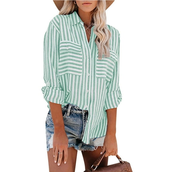 Patlollav Womens Tops Striped Print Single Breasted Long Sleeve Shirt Cotton Linen Tops