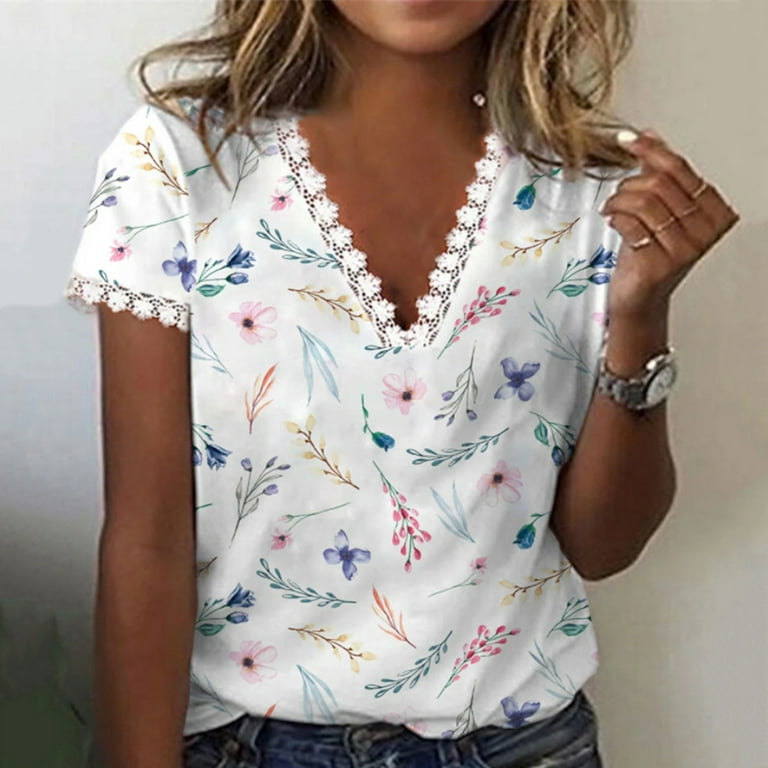 Patlollav Clearance Womens V-Neck Short Sleeve Print Casual T-Shirt Blouse  Tops 