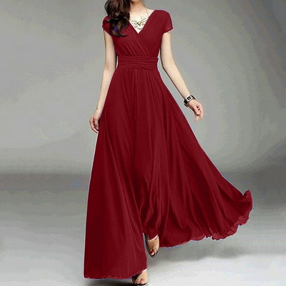 Patlollav Womens V-Neck Solid Color Short Sleeve Chiffon Waist Closing Evening Dress
