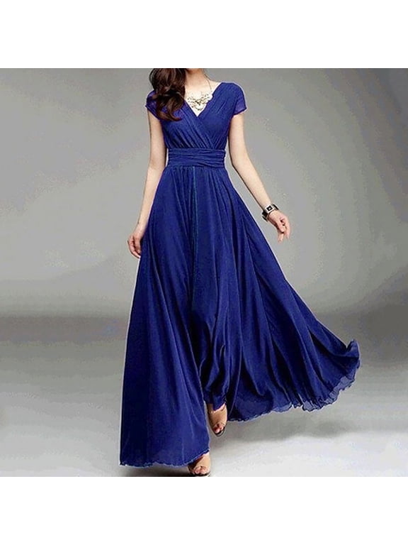Patlollav Womens V-Neck Solid Color Short Sleeve Chiffon Waist Closing Evening Dress