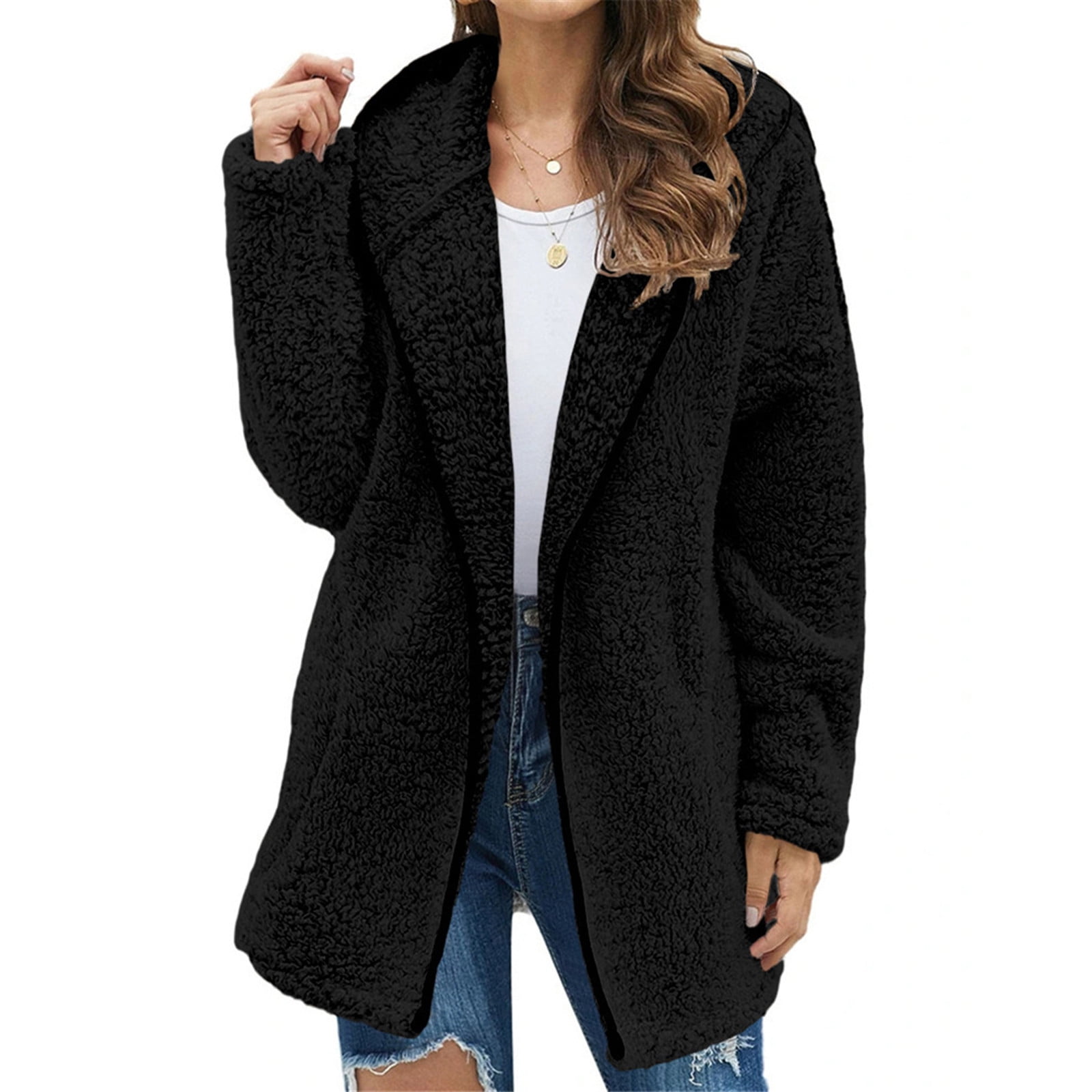 Patlollav Coats for Women,Flash Picks Women's Autumn And Winter Casual Temperament Hooded Solid Color Lapel Plush Coat Tops