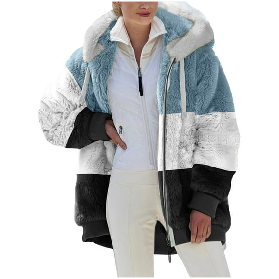 Patlollav Coats for Women,Women's Winter Long Sleeve Coats Fleece Zipper Color Blocking Hooded Jacket