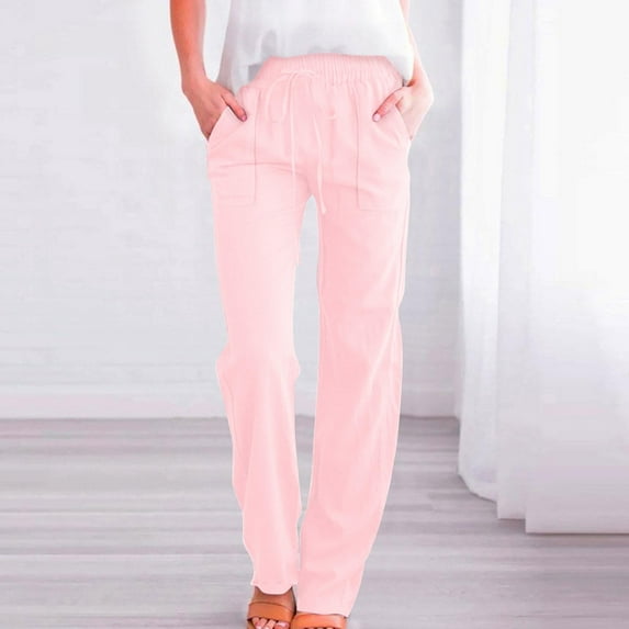 Patlollav Cotton Pants for Women Solid Color Elastic Waist Sports Casual Full Length Pants
