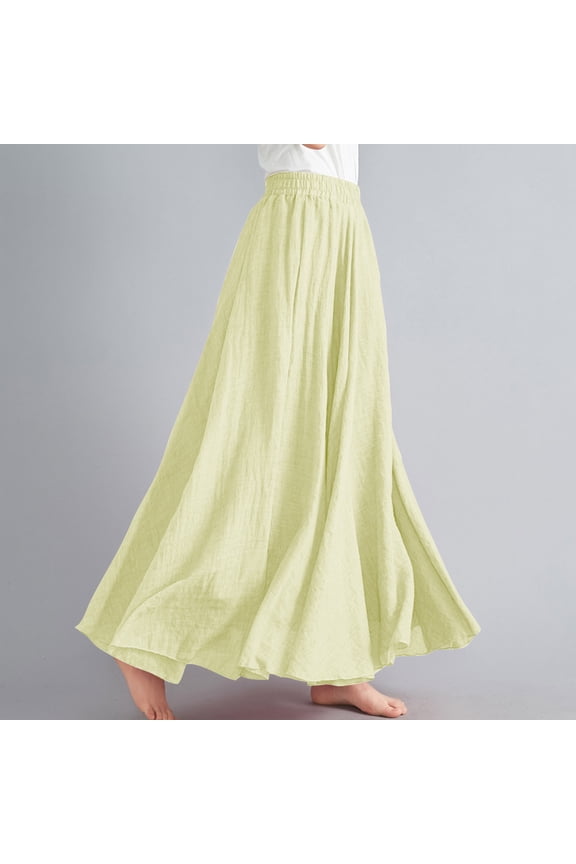 Dress Womens Casual Summer Large Solid Elastic Waist Flax A-Line Ankle Skirt,Sizes Free Size
