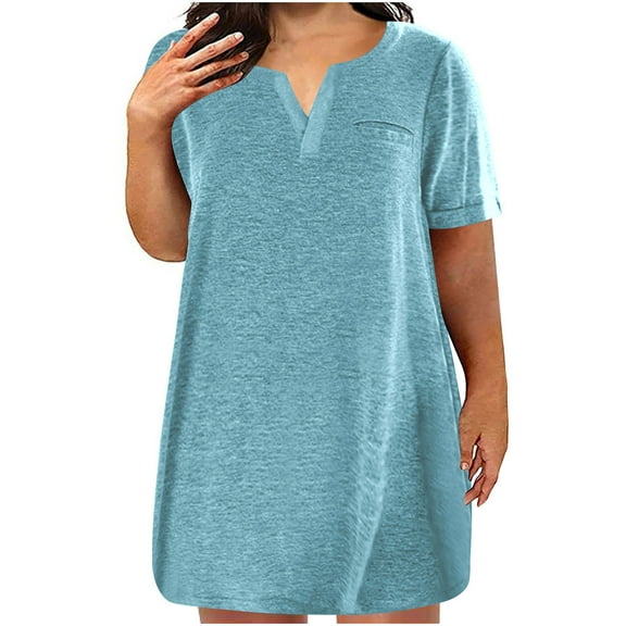Patlollav Dress for Woman 2024,Women'S Plus Size Casual Loose Summer Solid Color V-Neck Short Sleeve Dresses