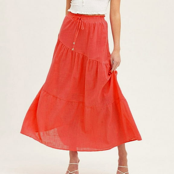 Patlollav Dress for Woman,Women'S Solid Color Cotton Elastic Waist Binding Large Pleated Skirt High Waist Half Skirt