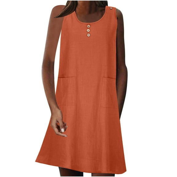 Patlollav Dress for Women,Women'S Fashion Casual Holiday Summer Round Neck Pockets Solid Color Sleeveless Party Beach Dress
