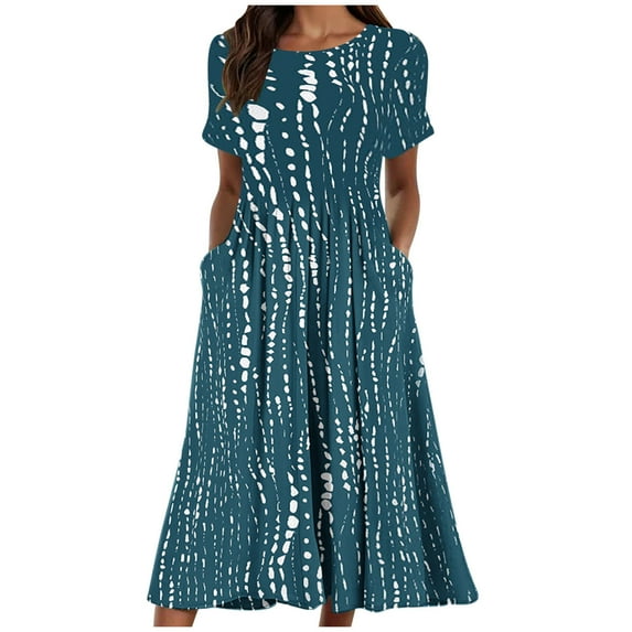 Patlollav Dress for Women,Women'S Summer Printed Round Neck Short Sleeve Double Pocket Long Dresses