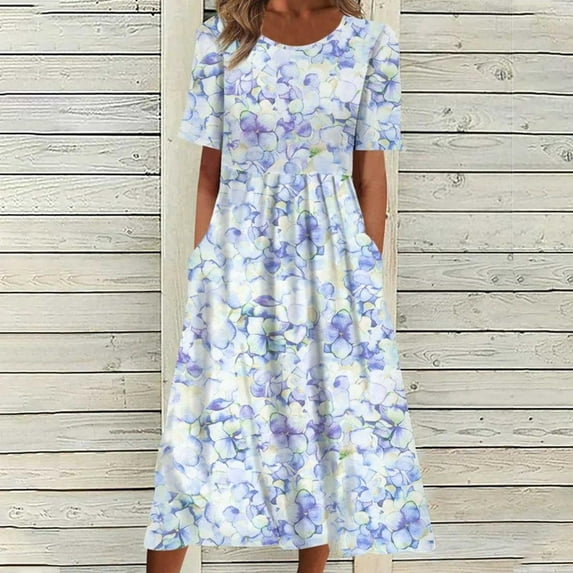 Patlollav Dresses Womens Casual Sexy Round Neck Print Summer Short Sleeve Pockets Dress