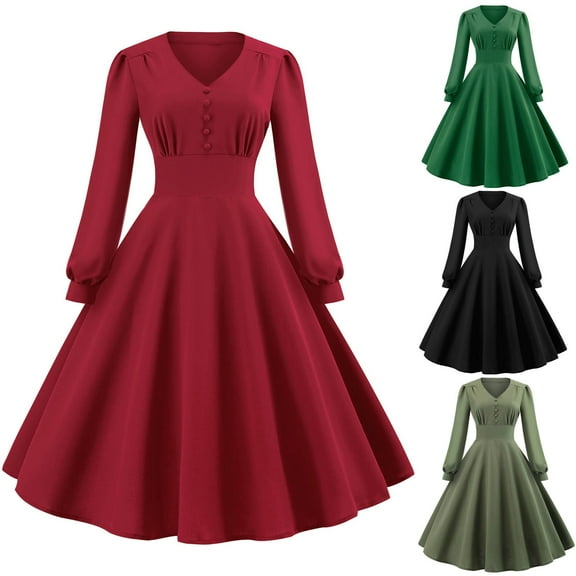 Patlollav Dresses Womens Solid Long Sleeve Retro High Waist Makings Dress