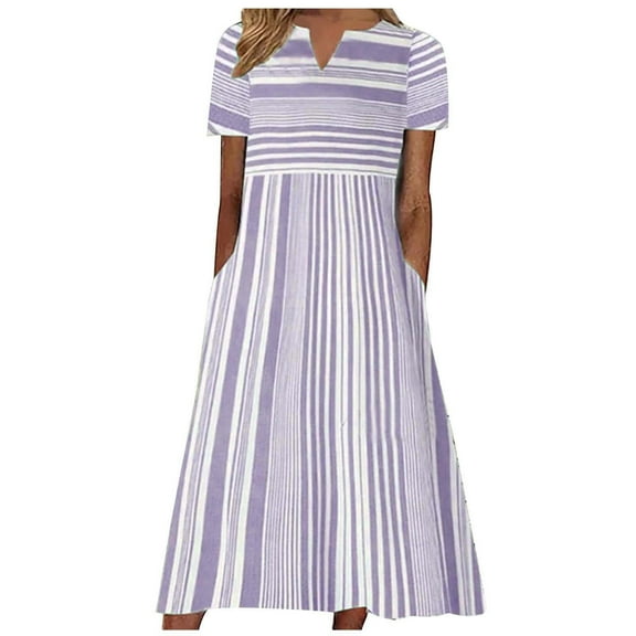 Patlollav Dresses for Woman,Women's Maxi Dress Fashion Casual Short Sleeve V-Neck Striped Print Pocket Dresses
