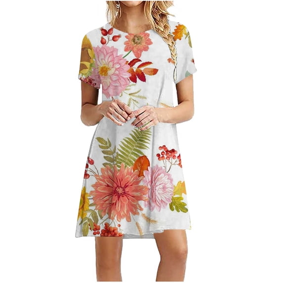 Patlollav Dresses for Woman,Women's Summer Printed Casual Short Sleeve Round Neck Knee Length Dresses