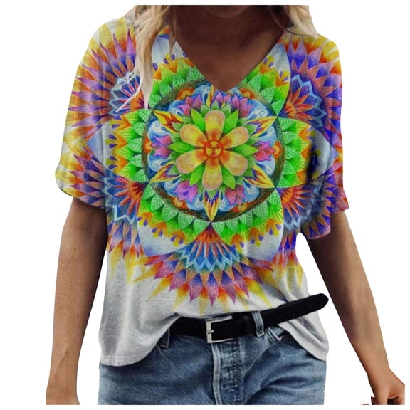 Patlollav Fashion Summer Women's Print Short Sleeve V-Neck T-Shirt Casual Tee Tops Clothes