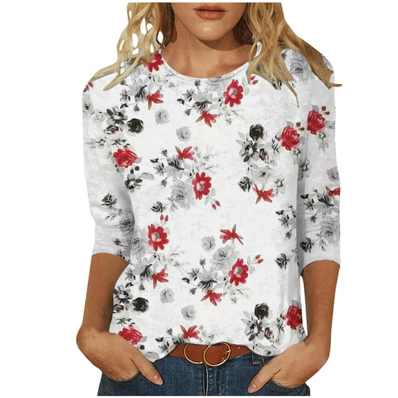 Patlollav Fashion Woman Round Neck 3/4 Sleeve T-Shirt Autumn Print Blouse Tops Sweatshirt on Ladies