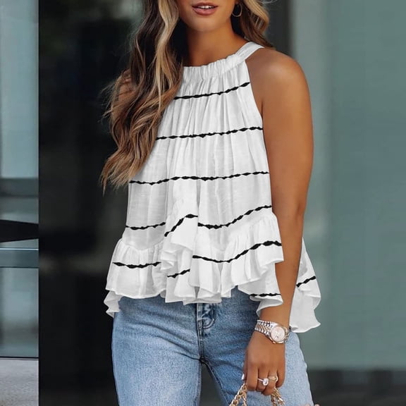 Patlollav Fashion Womens Printed Halter O-Neck Tank Sleeveless Casual Tee Tops Blouse