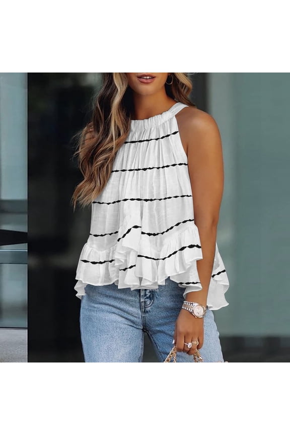 Fashion Womens Printed Halter O-Neck Tank Sleeveless Casual Tee Tops Blouse