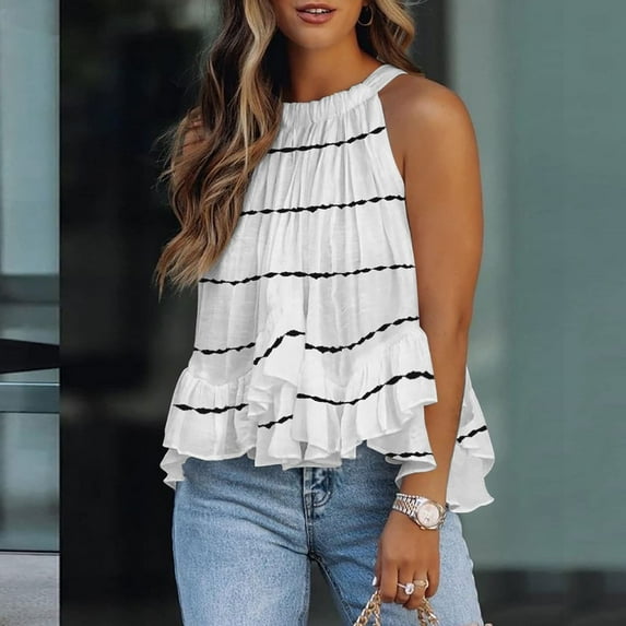 Patlollav Fashion Womens Printed Halter O-Neck Tank Sleeveless Casual Tee Tops Blouse