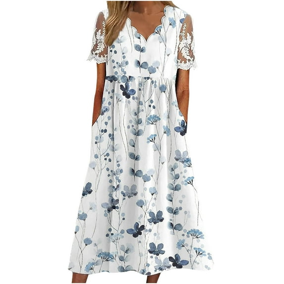 Patlollav Fashionable Dresses for Women V-neck Summer Short Sleeve Casual Long Dress